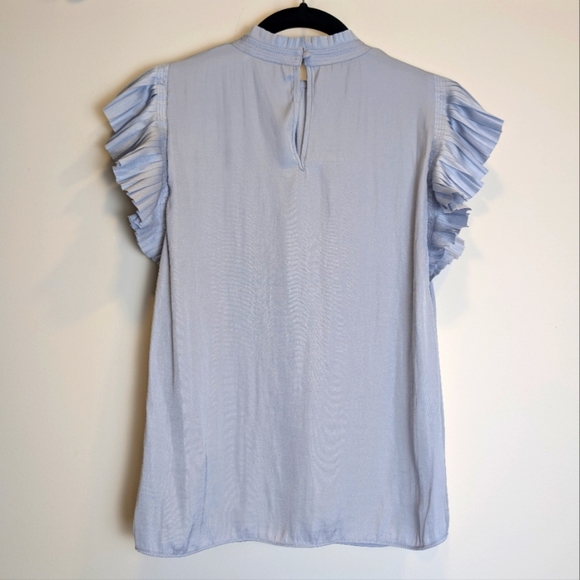 Maison d’Amélie Powder Blue Plissé Pleated Sleeve Mock Neck Satin Blouse Size XS - Picture 2 of 6